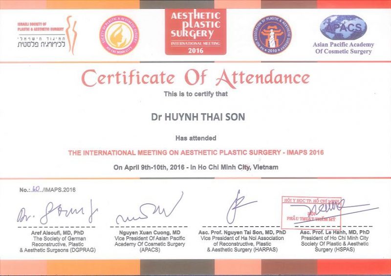 Đã tham dự Hội nghị quốc tế về Phẫu thuật Thẩm mỹ (IMAPS 2016) tại TP.HCM, cùng các chuyên gia hàng đầu từ Đức, châu Á – Thái Bình Dương và Việt Nam